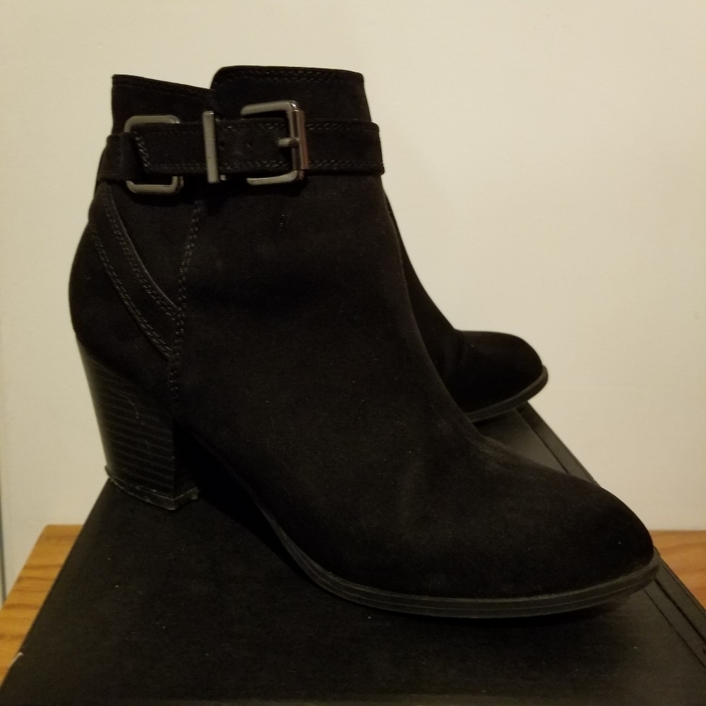 Express faux suede buckle ankle boots